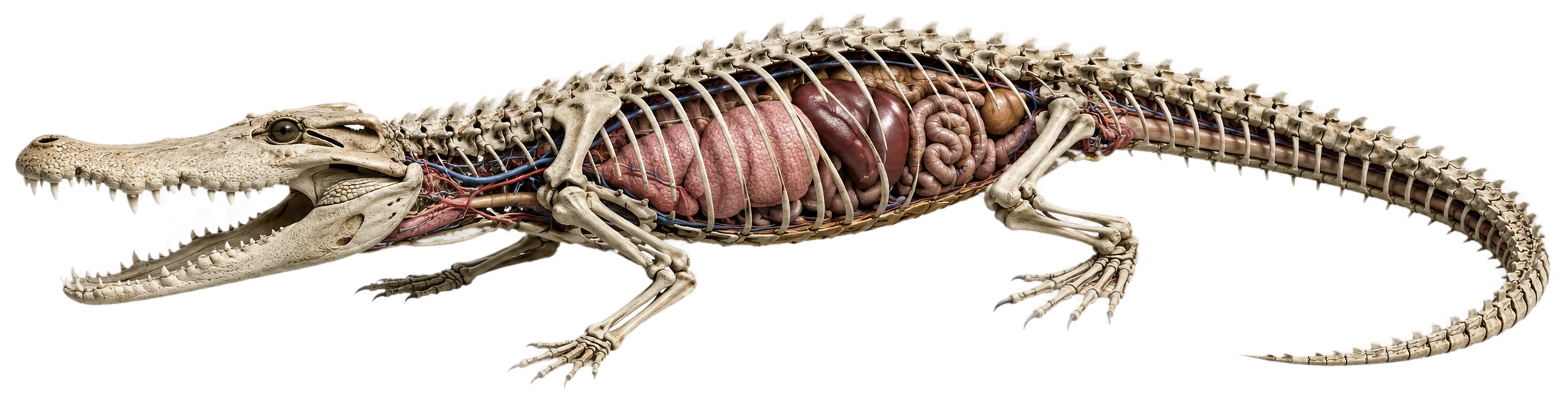 Internal anatomy of the same Mugger Crocodile: skeleton and organs, facing left.