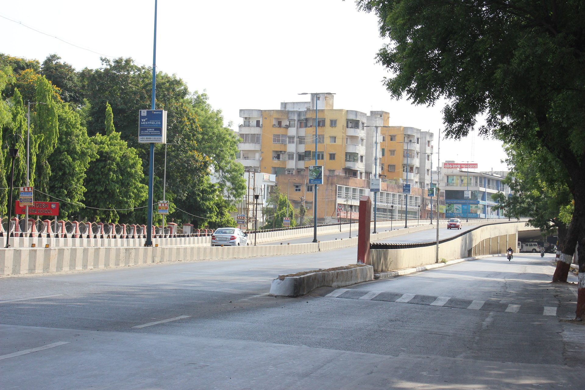A tree-lined road in Vadodara running past apartment blocks towards the river